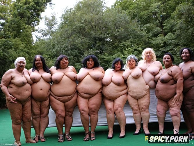 elderly african dark skinned grannies, fat or ssbbw with leg raised for expose visible their hot twats xxl for admiration of the depraved public at the private world exhibition of the permanently open twats