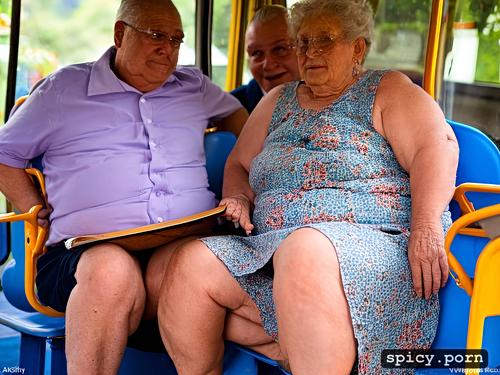 sitting in a bus, chubby, 80yo, granny, saggy tits, teacher