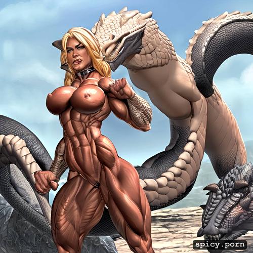nude muscle woman vs dragon, realistic, massive abs, ultra detailed