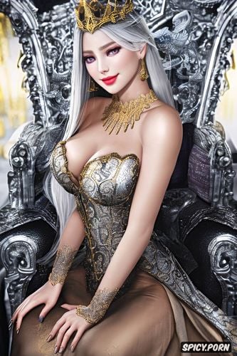 throne room, long silver blonde hair in a braid, gold and silver tiara