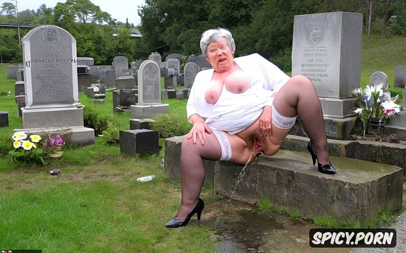 very hairy hairy pussy, high heels, granny pissing on the grave