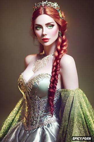 anna, ultra detailed, frozen, high cheekbones, long soft fire red hair in two braids