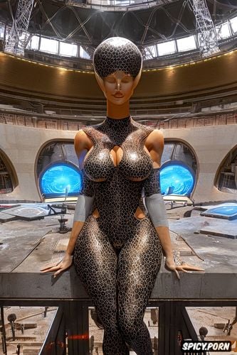 which accentuates her every curve and muscle in the screen a biodome covered planet hovers just above her head