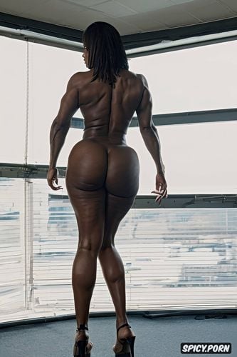 black, middle aged, thin woman, naked, with big breasts and big ass