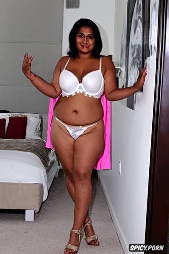 a mature nudist indian chubby beautiful woman having fake big saggy gigantic tits in camisole v shaped white thin bra covering only nipple and g string