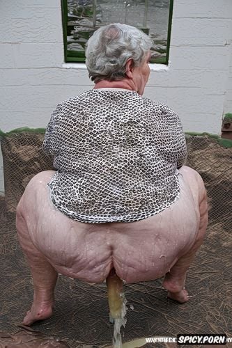 white granny, squatting, rear view, hyperrealistic pregnant pissing very fat cellulite thighs blond short haircut