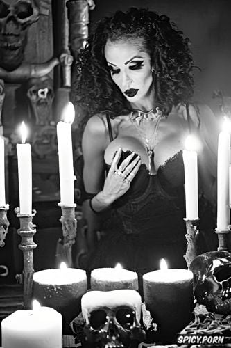 goth, satanic ritual, spell casting, pentagram, candles, skulls in background