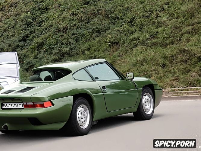all dark green, front end is a porsche 928, there is no one around