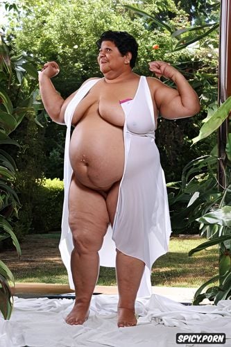 sagging wrinkled belly, curly very short hair, short and large hispanic ssbbw granny with white color transparent night gown