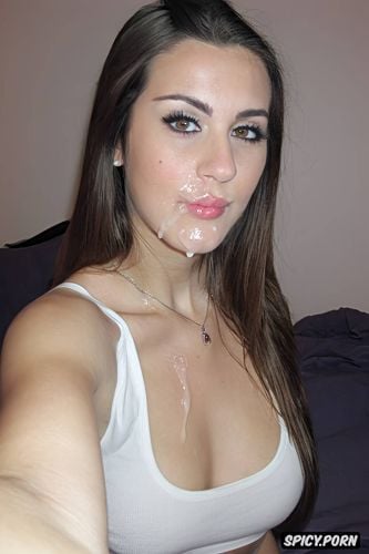 jean shorts, long straight hair, cum dripping down face, facial selfie