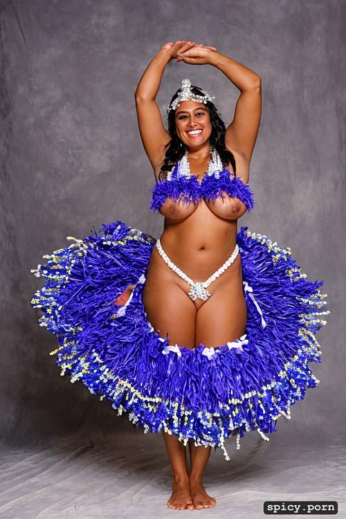 flawless smiling face, 40 yo beautiful tahitian dancer, intricate beautiful hula dancing costume