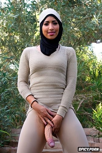 moroccan beauty, hijab, fully naked, futanari, giant dick big erect penis xxl
