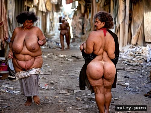 ultradetailed, in filthy slum market, naked arabic obese granny