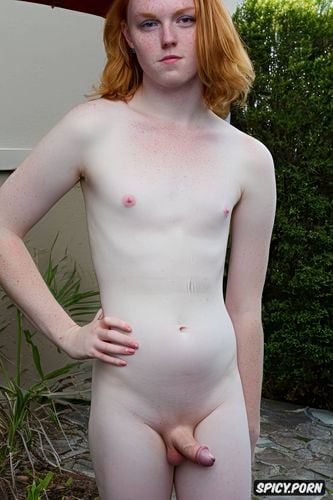strawberry blonde, erect penis, beautiful face, naked, shaved