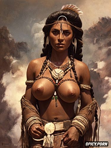 native american woman, boobs visible, oil painting, braids, intricate long hair