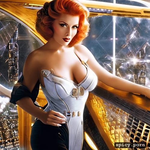 star trek, visible nipples, 8k, ultra detailed, lucille ball on the bridge of the starship enterprise