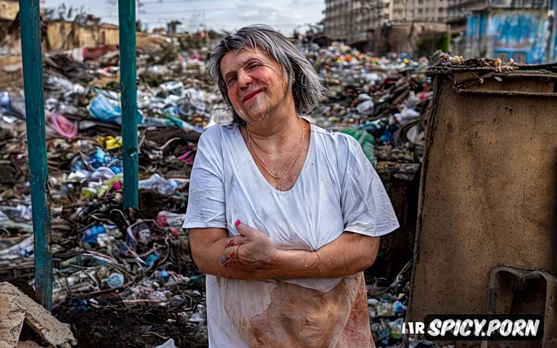 ukrainian obese granny, scrap metal, garbage dump, hot and sunny day