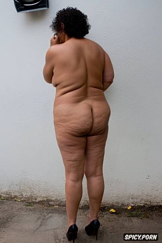 an old fat hispanic naked woman with obese belly, small shrink boobs