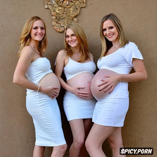 large pregnant belly, three beautiful teenage white women, laughing