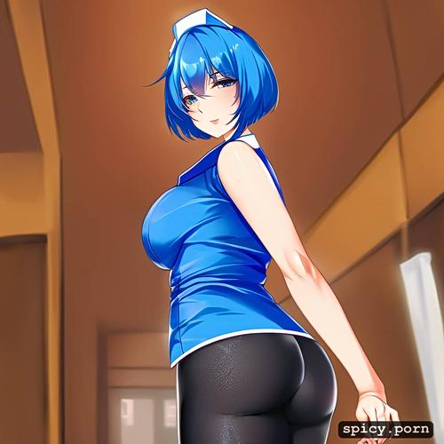 blue hair, small ass, medium breasts, precise lineart, thick body