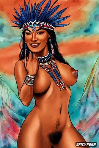 baroque, completely naked, beautiful native american woman, traditional native american headgear