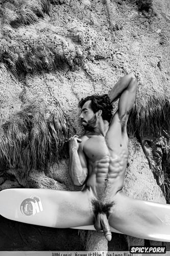 naked surfer, posing nude on the beach with his surfboard, big balls