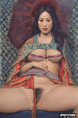 cranach, thick thai woman, holiness, blue coat, masterpiece painting