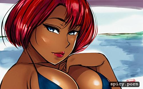 swimsuit, close up, 35 years, bobcut hair, ebony woman, solid colors