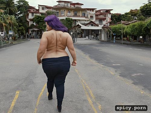 medium shot, full body view, changing room, purple hair, massive thick fat ass 600