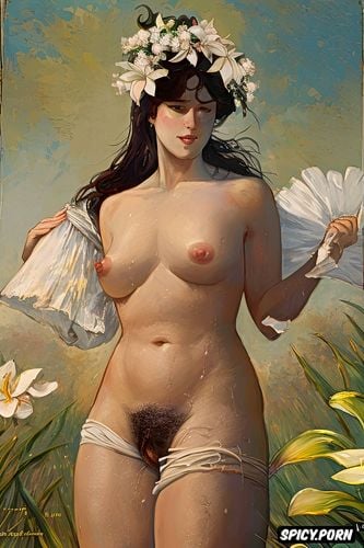 flat chest beautiful teen white women with a white lily in her right hand