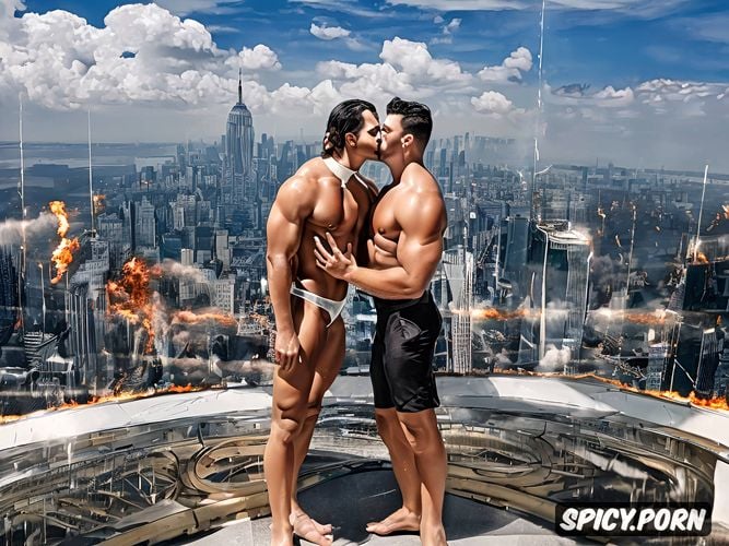 their heads are in the clouds, two giant huge nude gay bodybuilder hunk gods