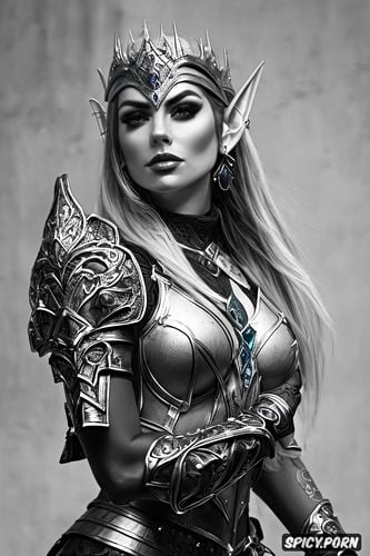 high resolution, ultra detailed, ultra realistic, fantasy high elf warrior queen beautiful face young tight low cut black leather armor tiara tattoos magic masterpiece