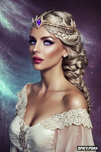 ultra detailed, ultra realistic, fantasy roman empress beautiful face full lips pale skin long soft ashen blonde hair in a braid rich dark purple robes diadem full body shot