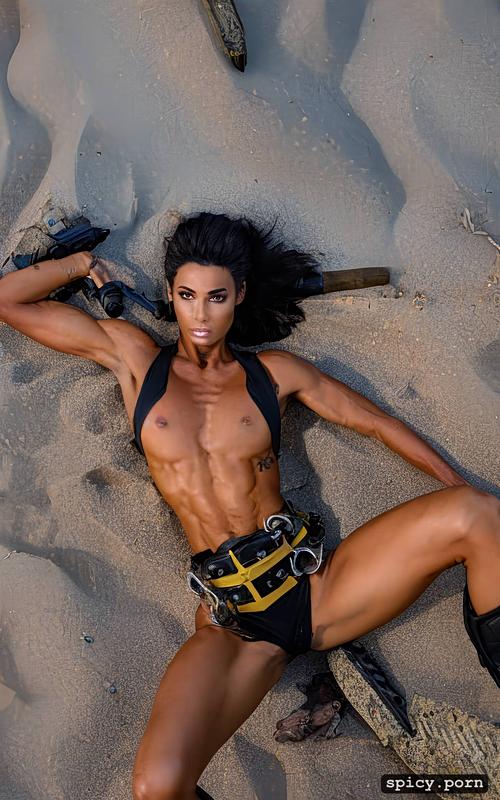 tanned skin, perky breasts, happy, abs, beach, muscular, tomboy