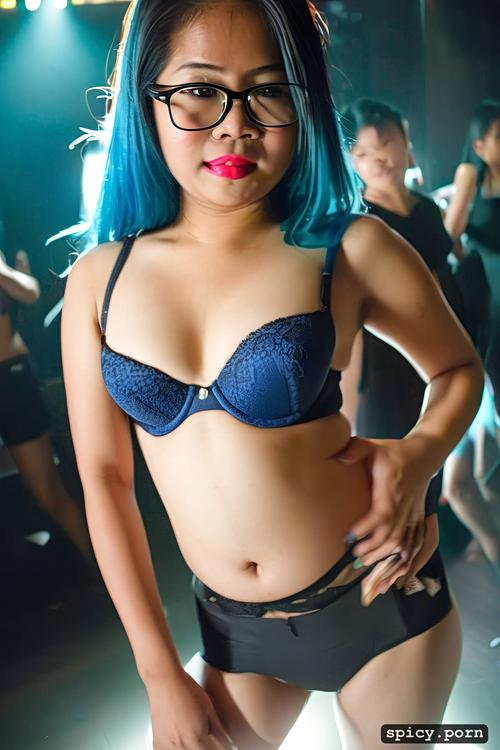 glasses, 19 yo, hourglass figure body, thai female, blue hair