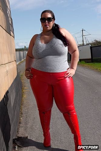 a woman stands on a street, holding a cell phone in her hand she is wearing deep i cut a red corsett body sweater with brand name ivalo and blurberry punk acrylic shortpants