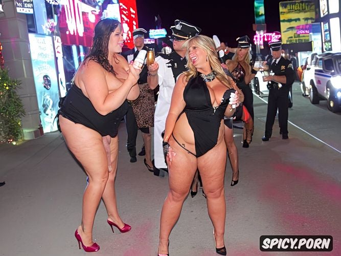 obese, nighttime outdoors on the las vegas strip, fupa, color photo