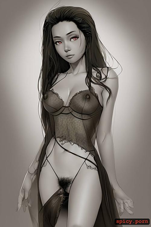 photo realistic, intricate long hair and small hair buns, small boobs and perky nipples