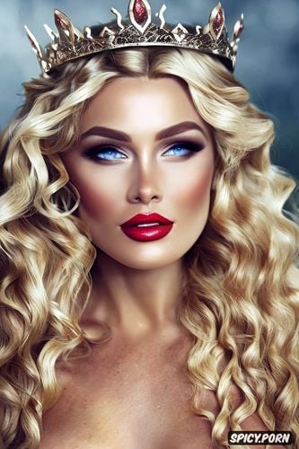 head shot, fantasy viking queen beautiful face full lips pale skin long soft dirty blonde hair in curly ringlets diadem curvy