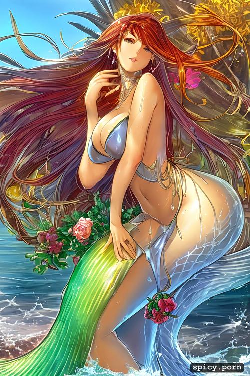 long yellow hair, wet skin, bright colors, beach, mermaid, ocean