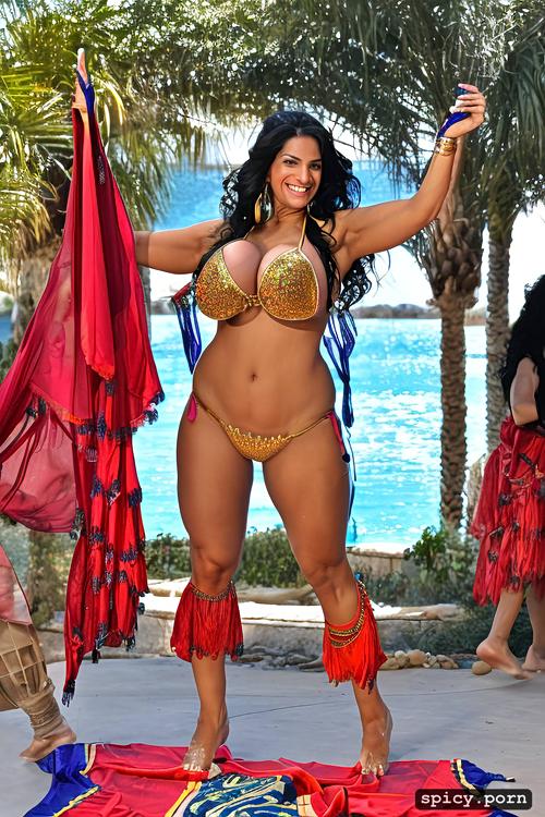 huge hanging boobs, perfect beautiful face, color photo, 39 yo thick american bellydancer