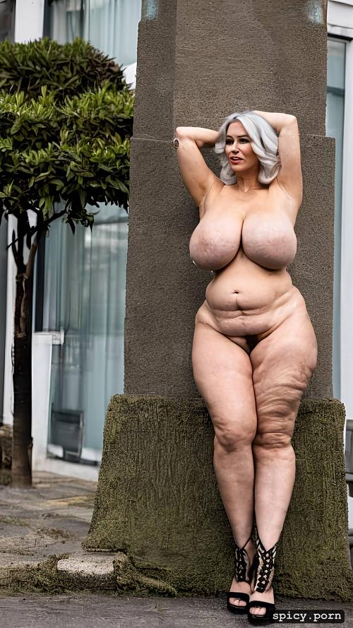 full nude, flappy big boobs, asshole wide open, full body, white hair