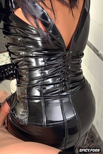 looking at viewer, latex tie, titjob, professional photo, pencil latex skirt