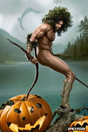 lake, muscular male, naked hairy body, perfect male face, curly hair