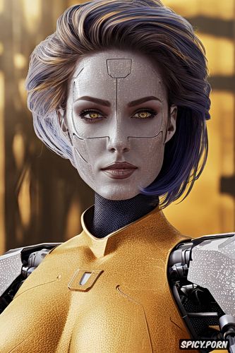 vibrant, female, intricate, yellow and dark blue colors, strong warrior robot