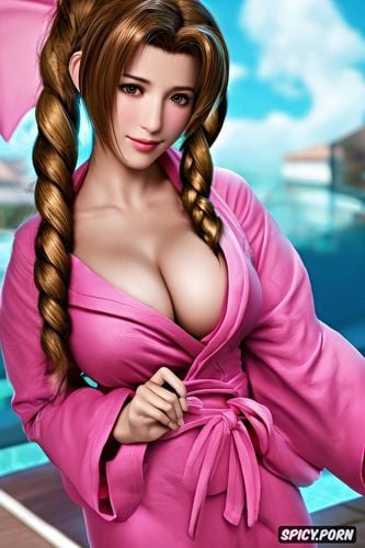 tits out, masterpiece, ultra realistic, aerith gainsborough final fantasy vii remake pink bathrobe beautiful face topless