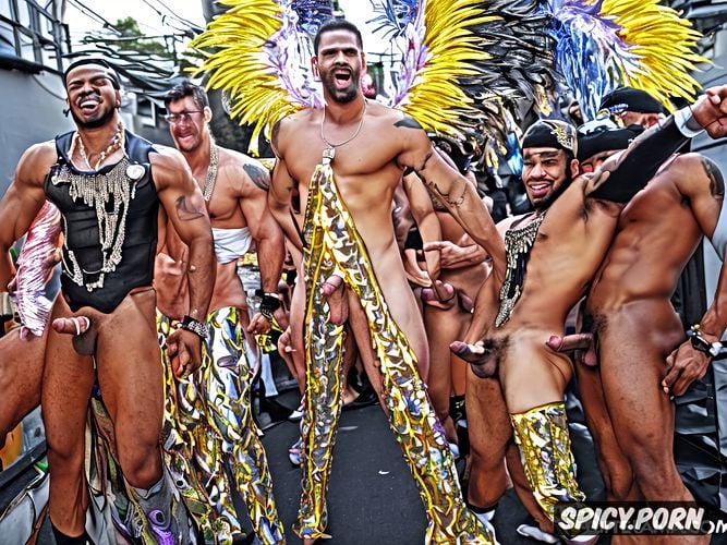 naked dancing in the crowded bustling carnival street parade in rio wearing an intricate beautiful costume