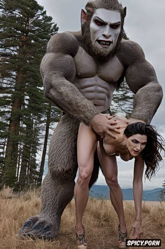 male sasquatch deep humping woman from behind, one on one, intent on effective copulation