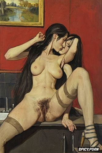 carravagio oil painting, spreading hairy pussy, scrawny, bony fingers