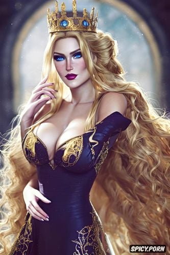 ultra detailed, flowing royal gown, queen anora, busty, long golden blonde hair in a double bun